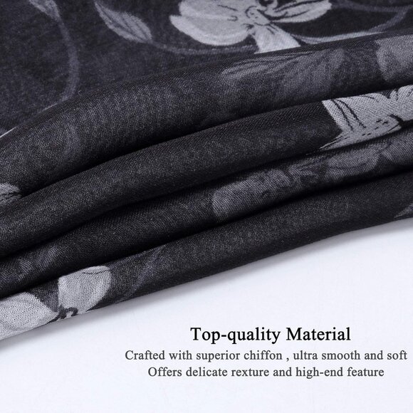 Women's Black+white Fashion Lightweight Head Scarf Floral Print Chiffon Scarves - Picture 2 of 7